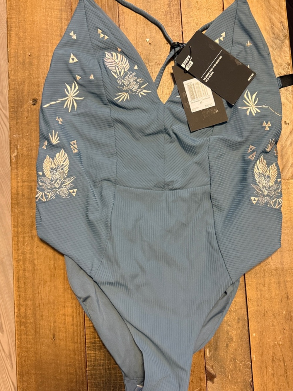 NWT Hurley Blue One-Piece Swimsuit with Embroidered Floral Print